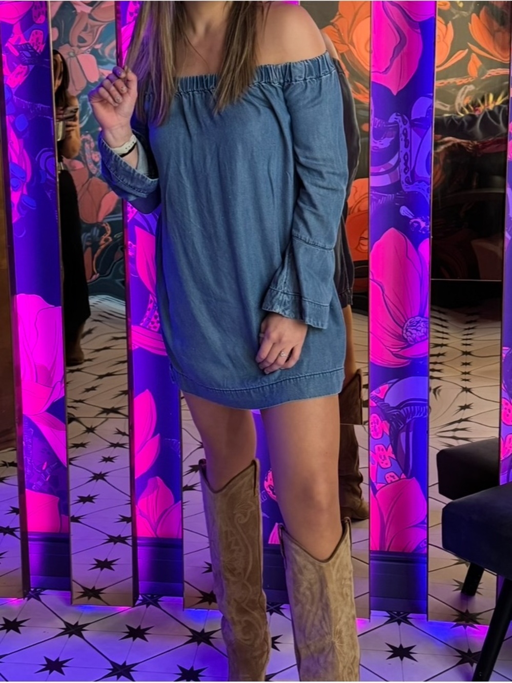 7 For All Mankind Off-Shoulder Denim Mini Dress in Blue S